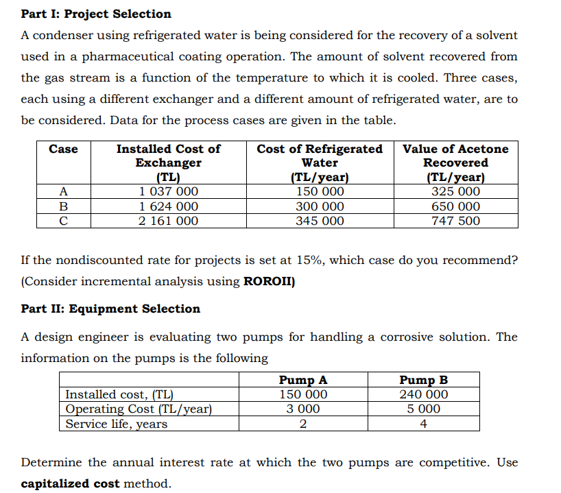 Part I: Project Selection A Condenser Using | Chegg.com