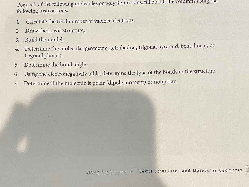 Solved For each of the following molecules or polyatomic | Chegg.com