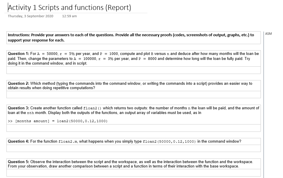 Activity 1 Scripts and functions (Report) Thursday, 3 | Chegg.com