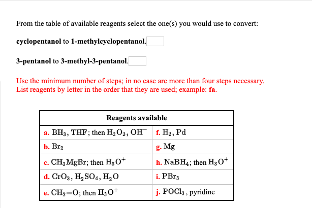 Solved From The Table Of Available Reagents Select The | Chegg.com