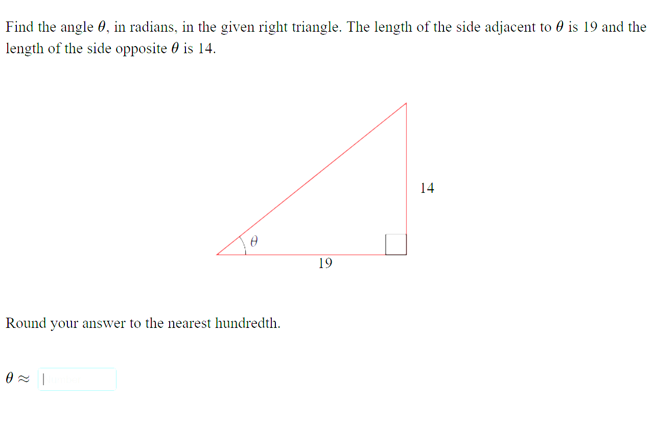 Solved Find the angle 0, in radians, in the given right | Chegg.com