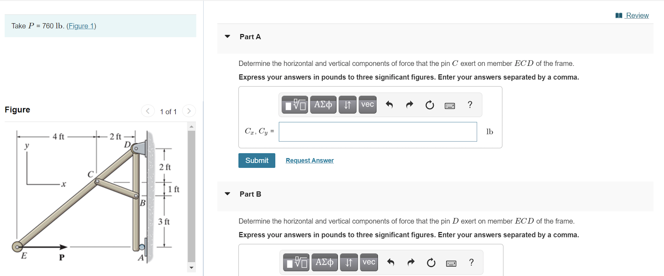 Solved 1 Review Take P = 760 Lb. (Figure 1) Part A Determine | Chegg.com