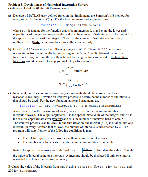 Solved Problem 5: Development of Numerical Integration | Chegg.com