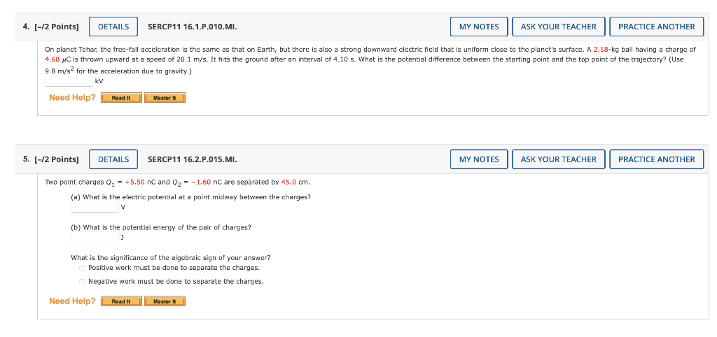 Solved 9.8 m/s2 for the acceleration due to gravity.) kV -/2 | Chegg.com