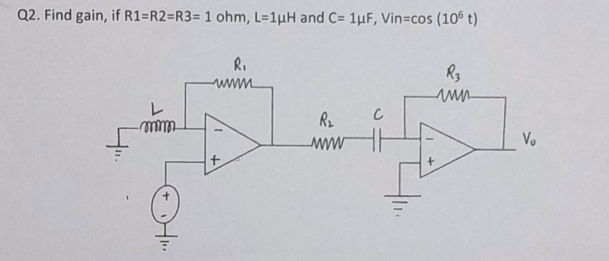 Solved Q2. Find gain, if R1=R2=R3=10hm,L=1μH and | Chegg.com