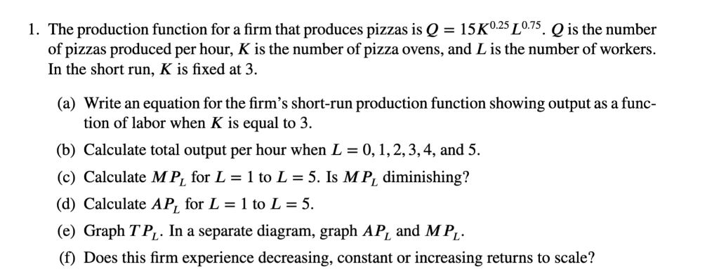 Solved 1. The production function for a firm that produces | Chegg.com