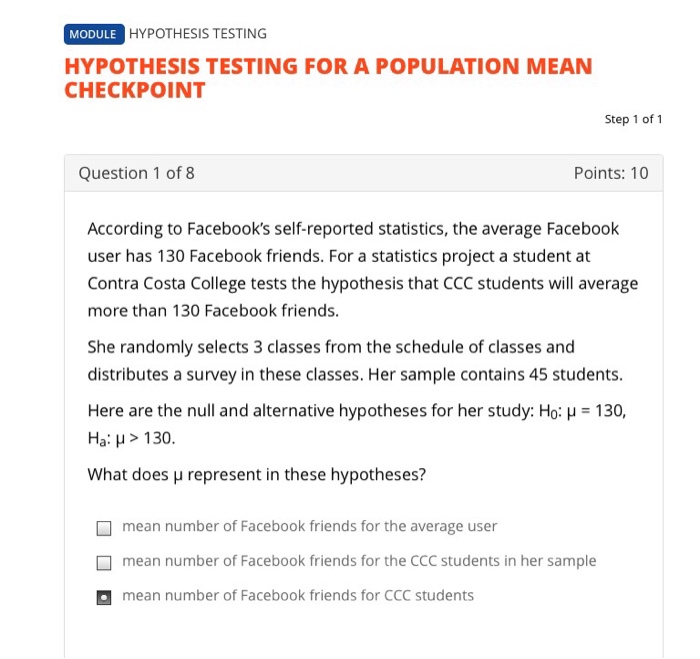 hypothesis testing for a population mean checkpoint