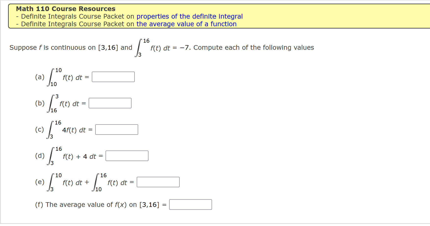 Solved Math 110 Course Resources - Definite Integrals Course | Chegg.com