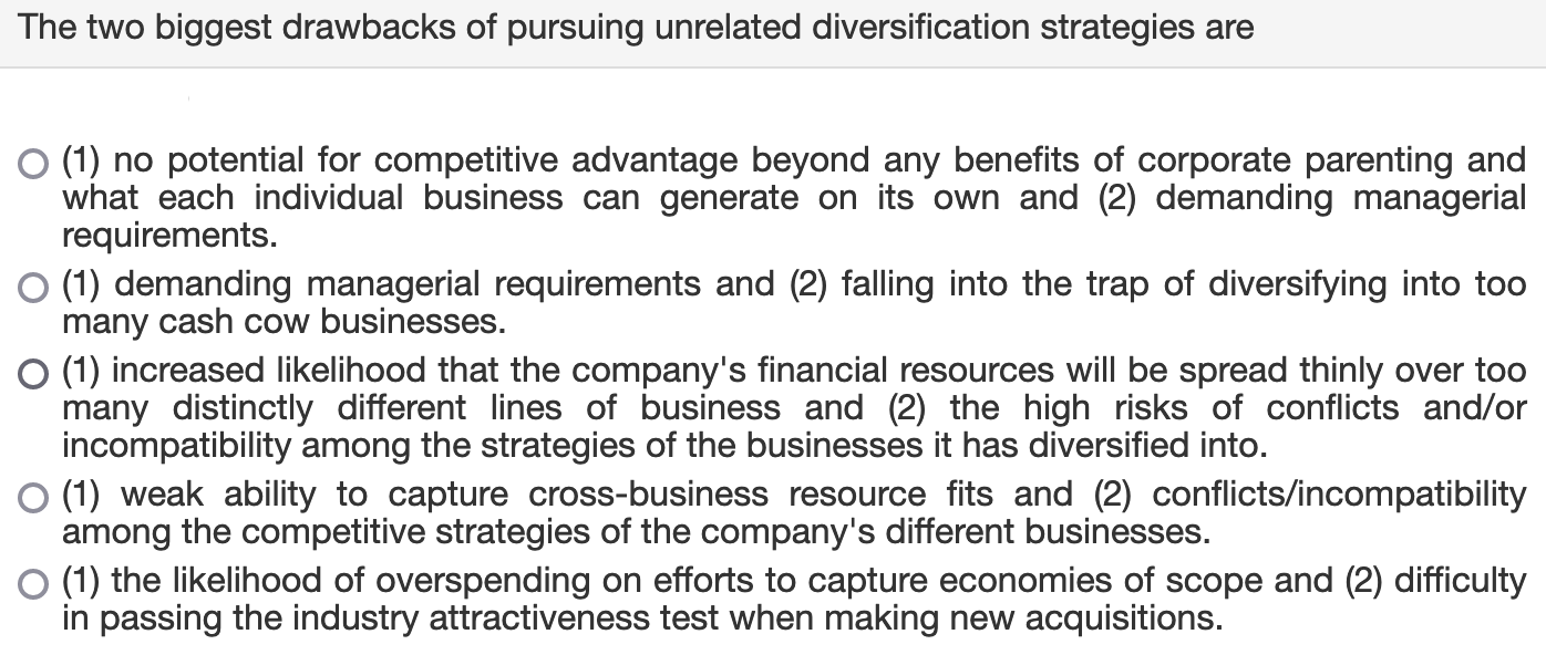 Solved The two biggest drawbacks of pursuing unrelated | Chegg.com