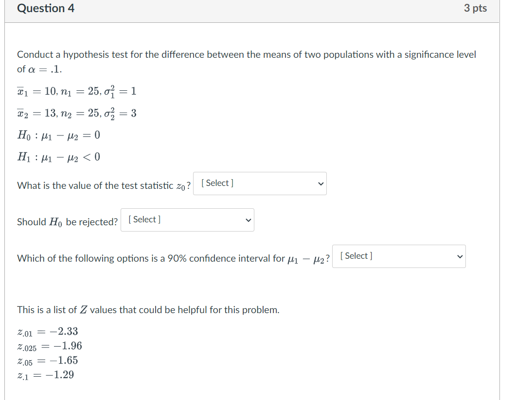 Solved Question 4 3 pts Conduct a hypothesis test for the | Chegg.com