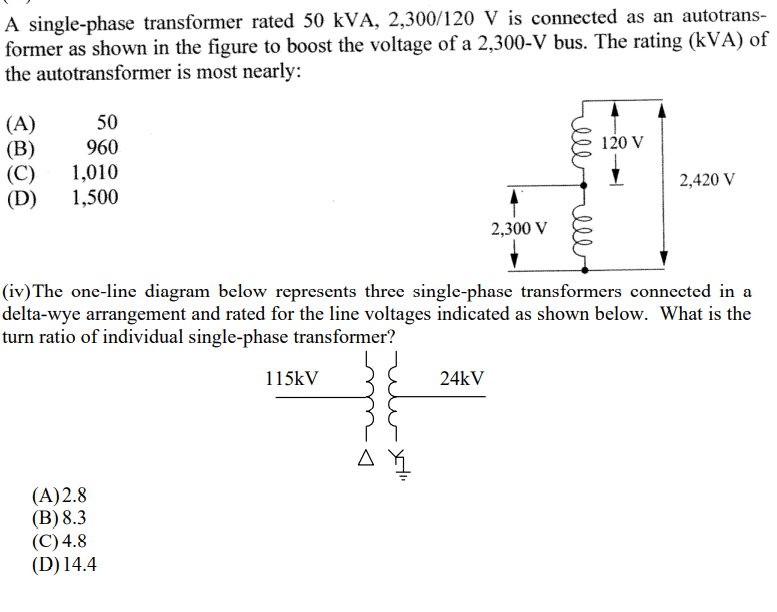 Solved A single-phase transformer rated 50 kVA, 2,300/120 V | Chegg.com