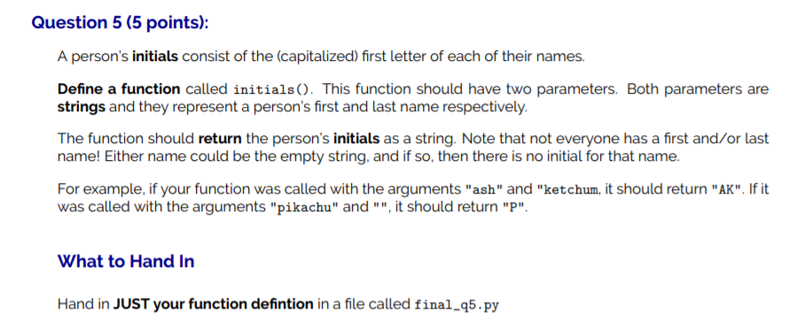 Solved Question 5 (5 points): A person's initials consist of | Chegg.com