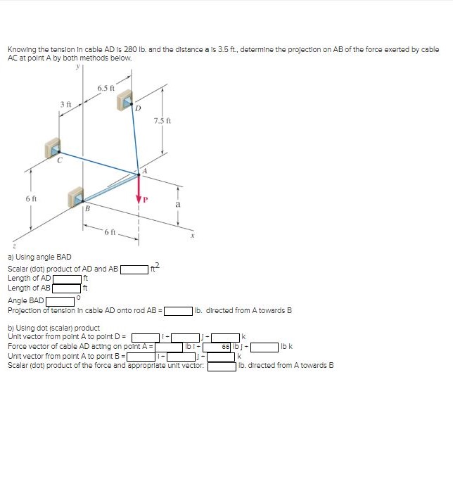Knowing the tension in cable AD is 280 ﻿lb . ﻿and the