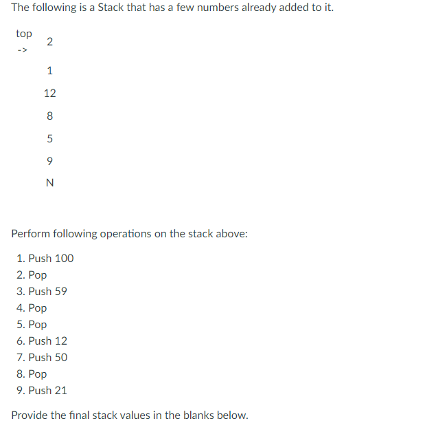 Solved The following is a Stack that has a few numbers | Chegg.com