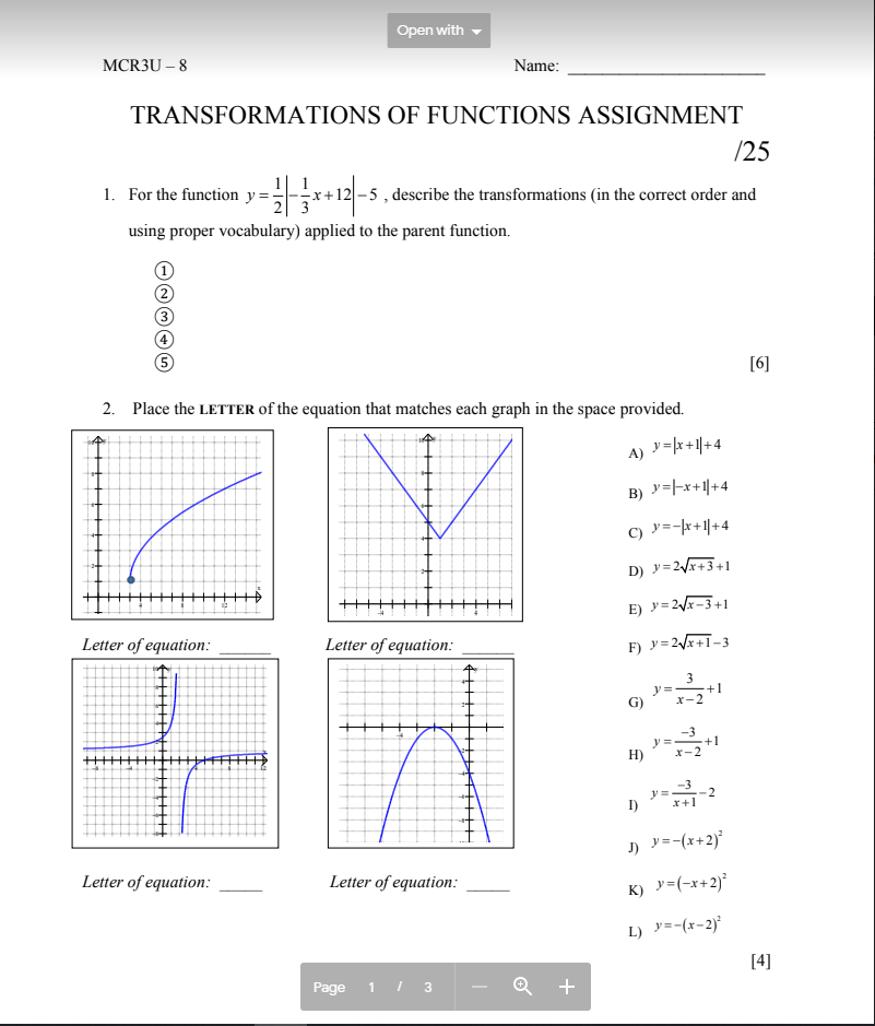 Solved Open With Mcr3u 8 Name Transformations Of Chegg Com