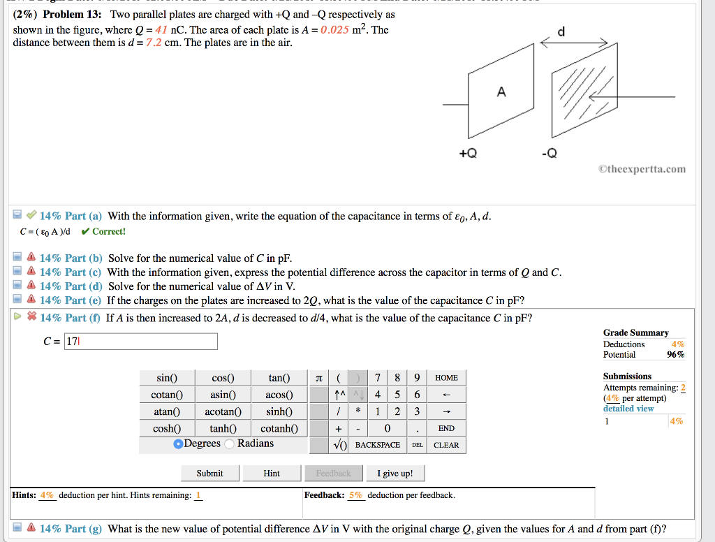 Solved (2%) Problem 13: Two parallel plates are charged with | Chegg.com