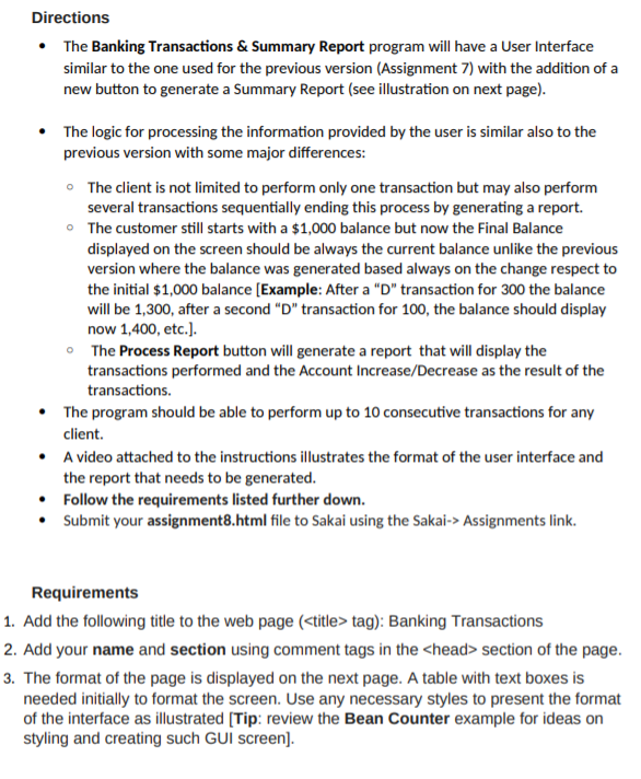 Directions The Banking Transactions & Summary Report | Chegg.com