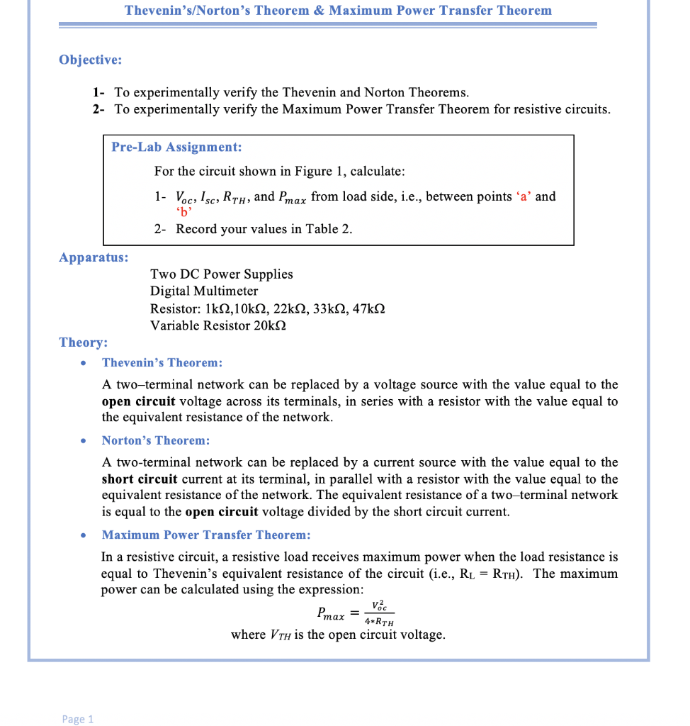 Solved Thevenin S Norton S Theorem Maximum Power Transf Chegg Com