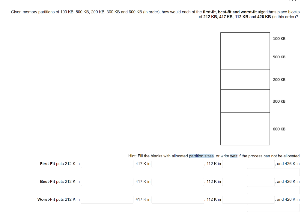 Solved Given memory partitions of 100 KB, 500 KB, 200 KB, | Chegg.com