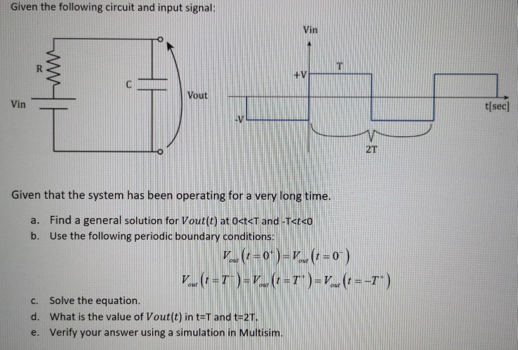 Solved Given the following circuit and input signal Vin +V | Chegg.com
