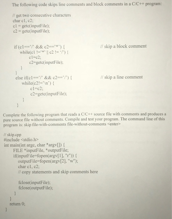 Solved The followving code skips line comments and block | Chegg.com
