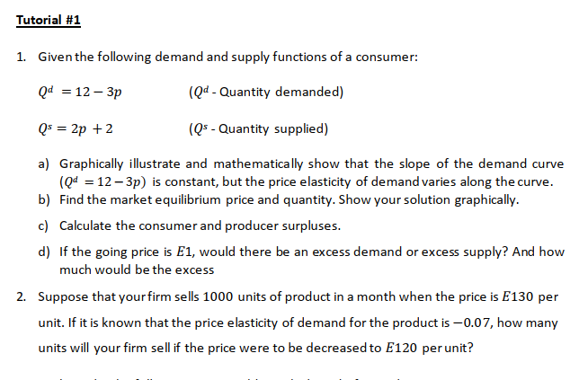 Solved 1. Given the following demand and supply functions of | Chegg.com