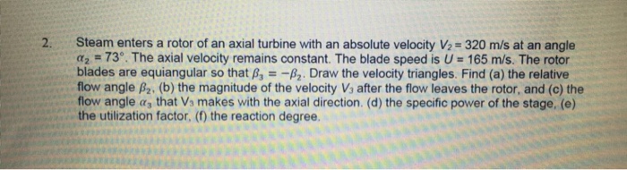 Solved 2. Steam enters a rotor of an axial turbine with an | Chegg.com