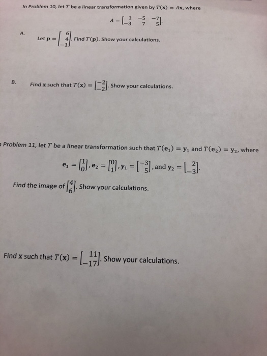 Solved In Problem 10, let T be a linear transformation given | Chegg.com