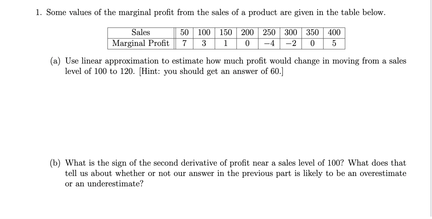 Solved 1. Some values of the marginal profit from the sales | Chegg.com