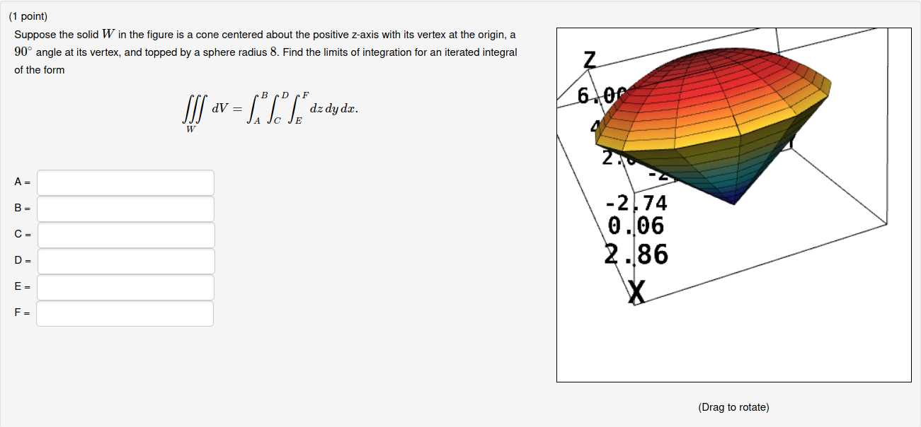 (1 point) Suppose the solid W in the figure is a cone | Chegg.com