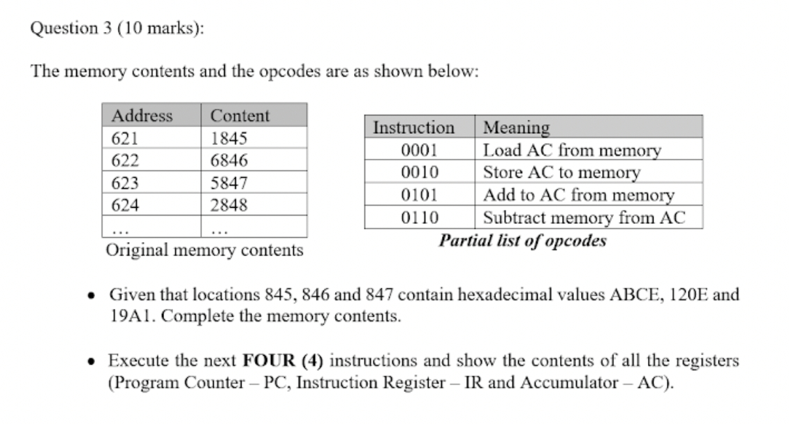 Solved Question 3 (10 marks): The memory contents and the | Chegg.com