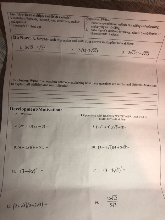 Solved: Aim: How Do We Multiply And Divide Radicals? Objec... | Chegg.com