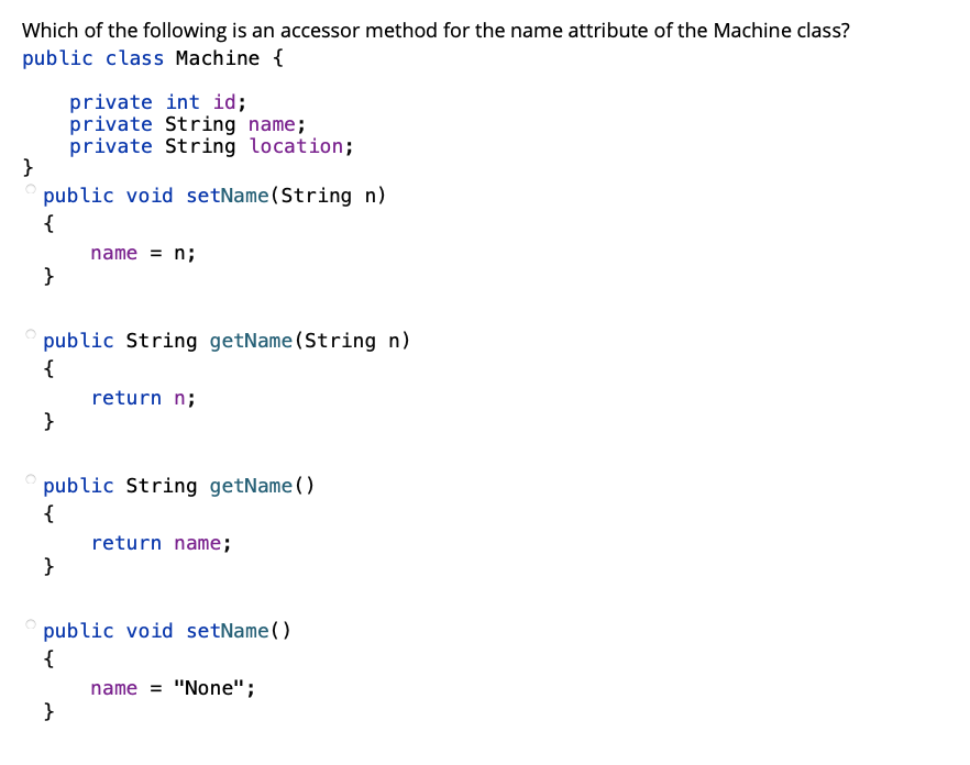 Solved Which of the following is an accessor method for the | Chegg.com