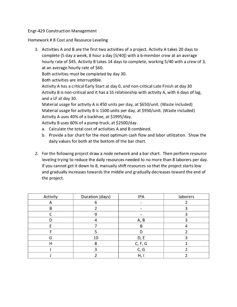 Solved Engr429 Construction Management Homework \ 8 Cost