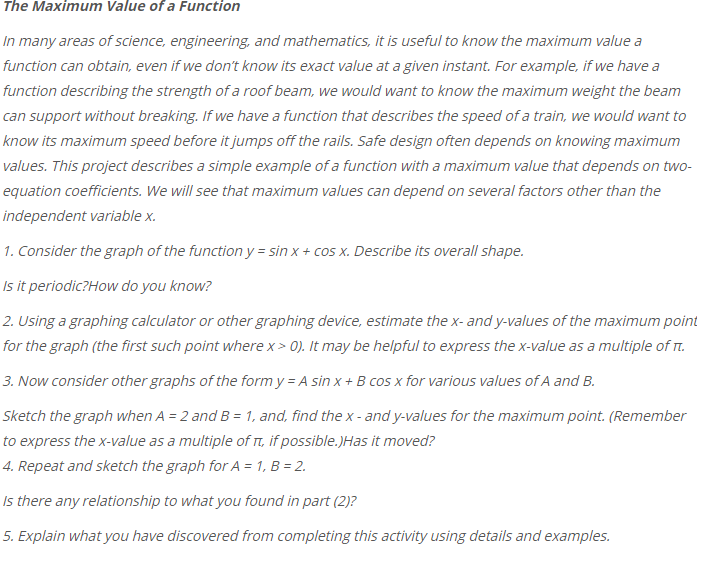 Solved The Maximum Value of a Function In many areas of | Chegg.com