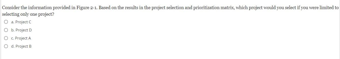 Consider the information provided in Figure 2-1. Based on the results in the project selection and prioritization matrix, whi