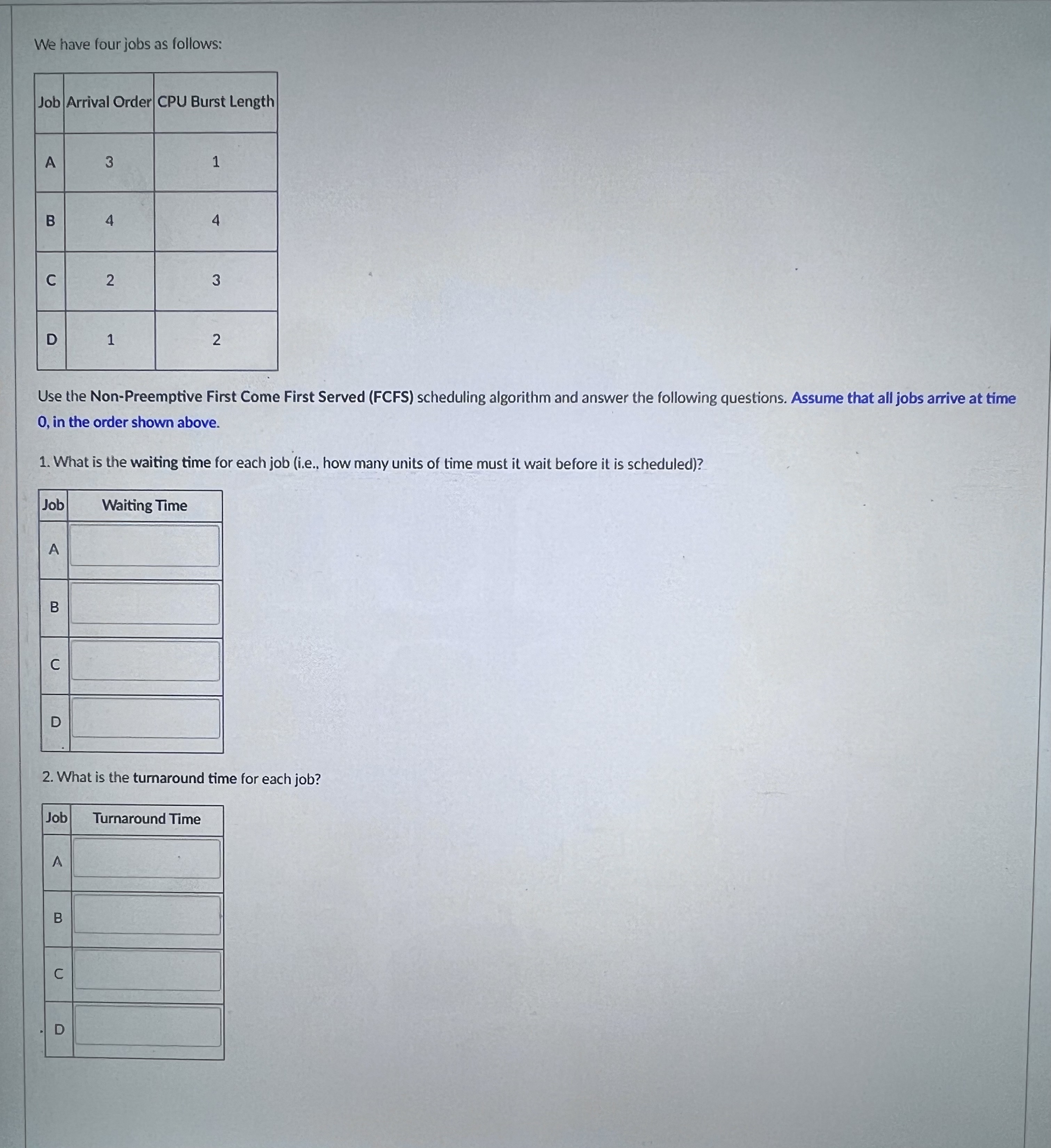 Solved We have four jobs as follows: Use the Non-Preemptive | Chegg.com
