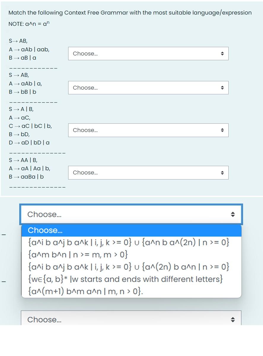 Solved Match The Following Context Free Grammar With The | Chegg.com