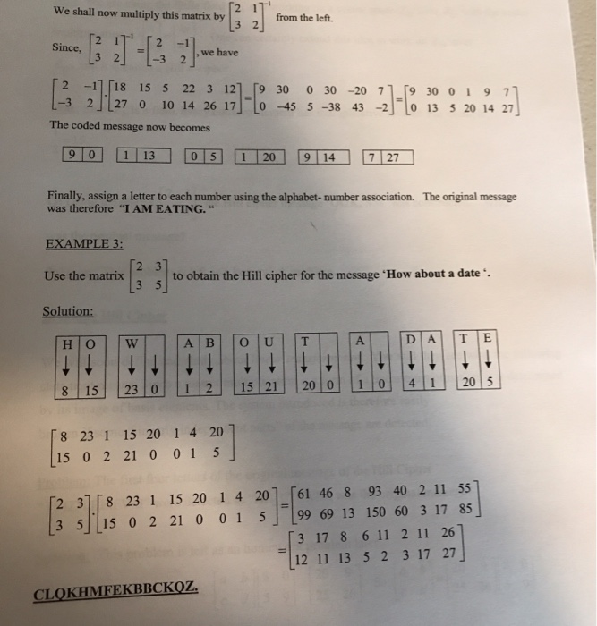 Solved :| 2 3] 4 5 41. (2 pts). Using the matrix , the Hill | Chegg.com
