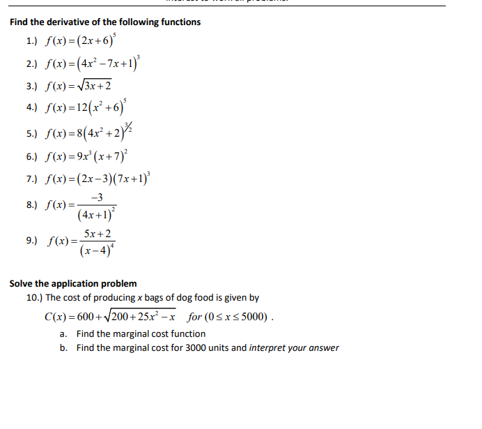 Solved Find the derivative of the following functions 1.) | Chegg.com