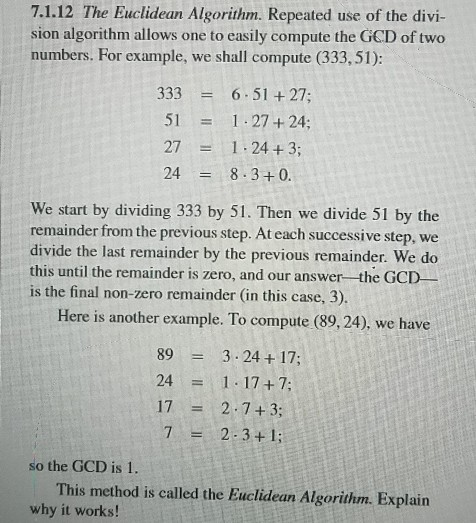 Solved 7.1.12 The Euclidean Algorithm. Repeated use of the | Chegg.com