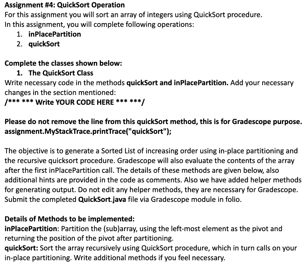 Solved Assignment \#4: QuickSort Operation For this | Chegg.com