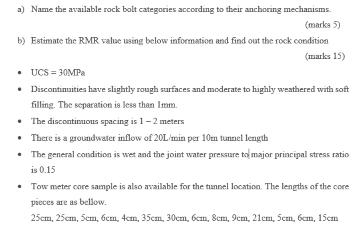 Solved a) Name the available rock bolt categories according | Chegg.com