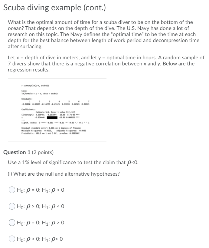 Solved > summary(Im(y-x, scuba)) Call: Im(formula - y - x, | Chegg.com