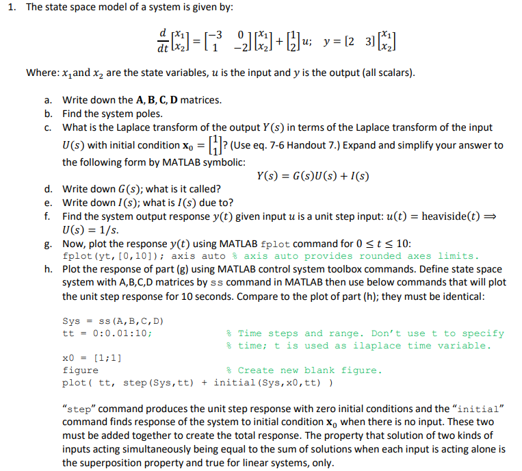 Solved 1. The state space model of a system is given by: | Chegg.com