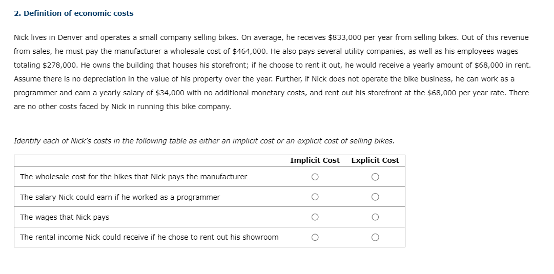 Solved 2. Definition of economic costs Nick lives in Denver