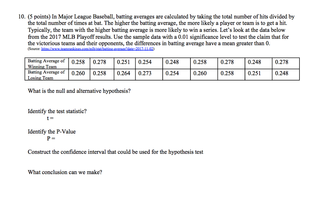 Solved 10. (5 points) In Major League Baseball, batting