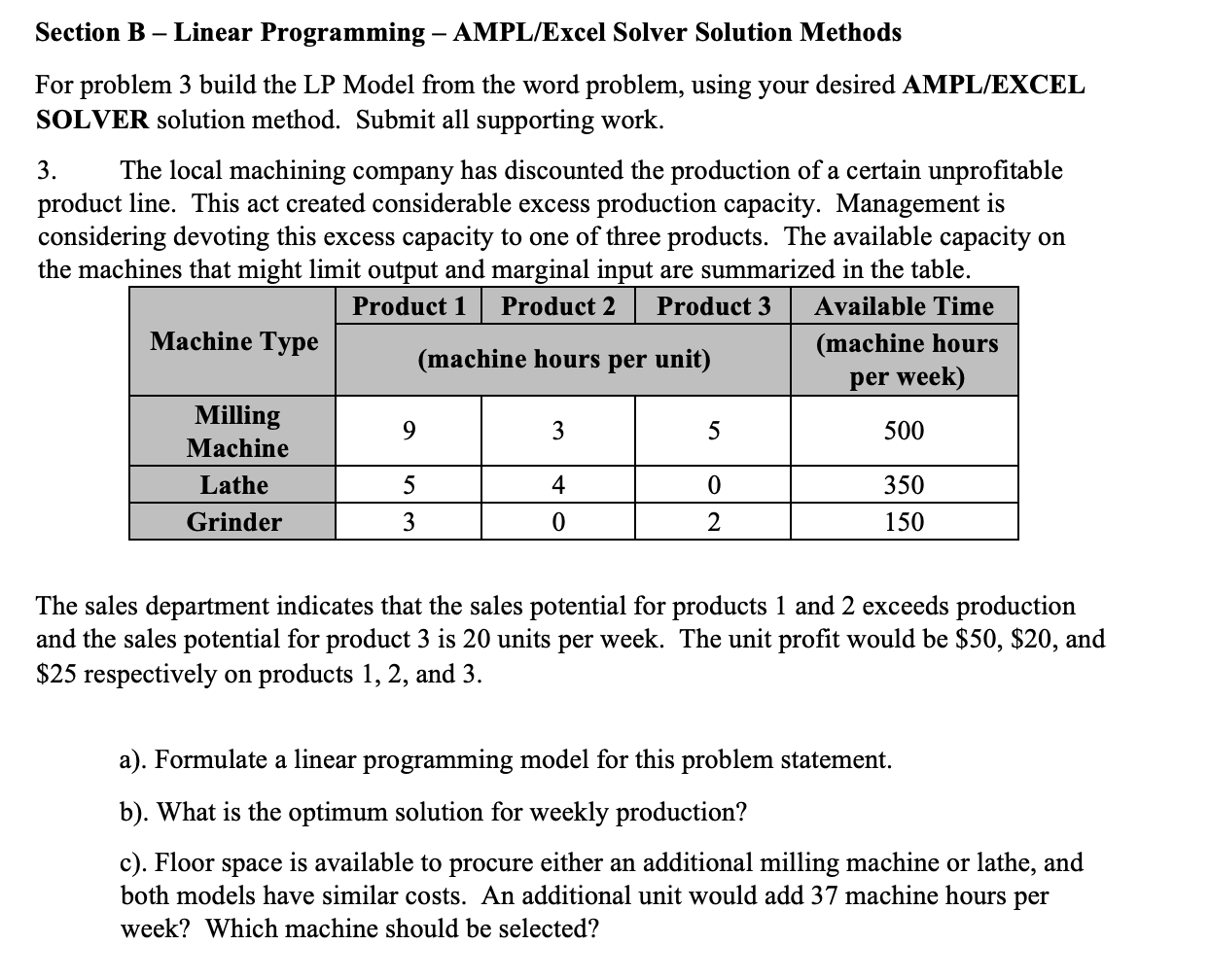 Solved Section B - Linear Programming – AMPL/Excel Solver | Chegg.com