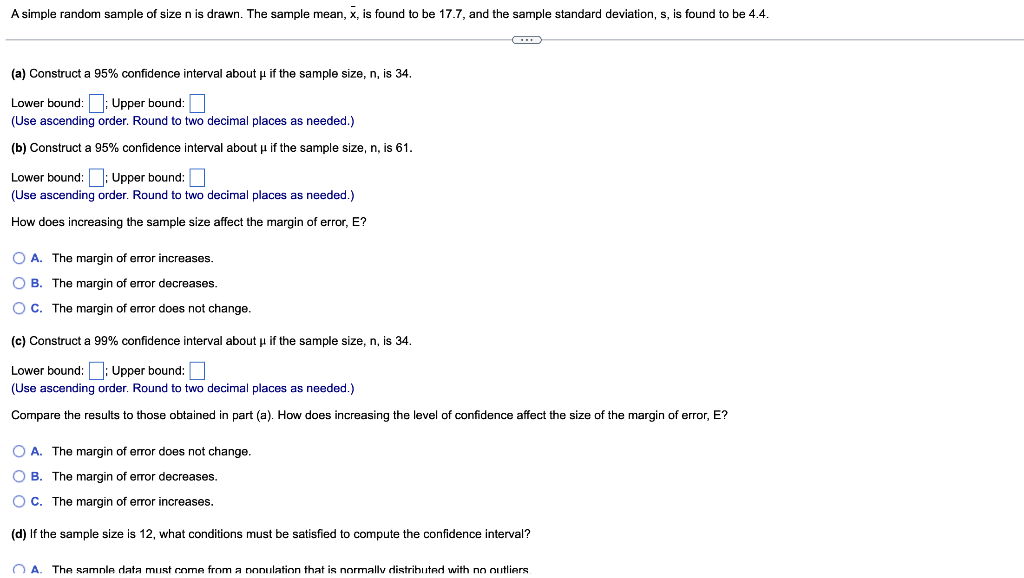 Solved Question content area top Part 1 A simple random | Chegg.com