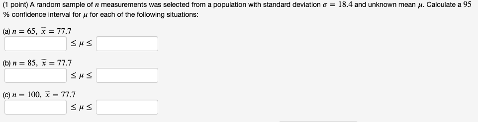 Solved (1 point) A random sample of n measurements was | Chegg.com